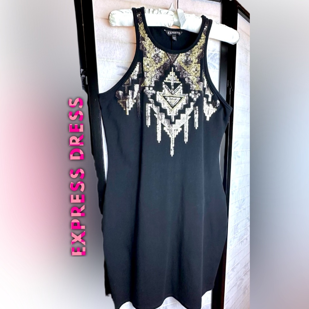 Black Express Dress w/ Gold and Silver Metallic Aztec Embellishment Design Sz L